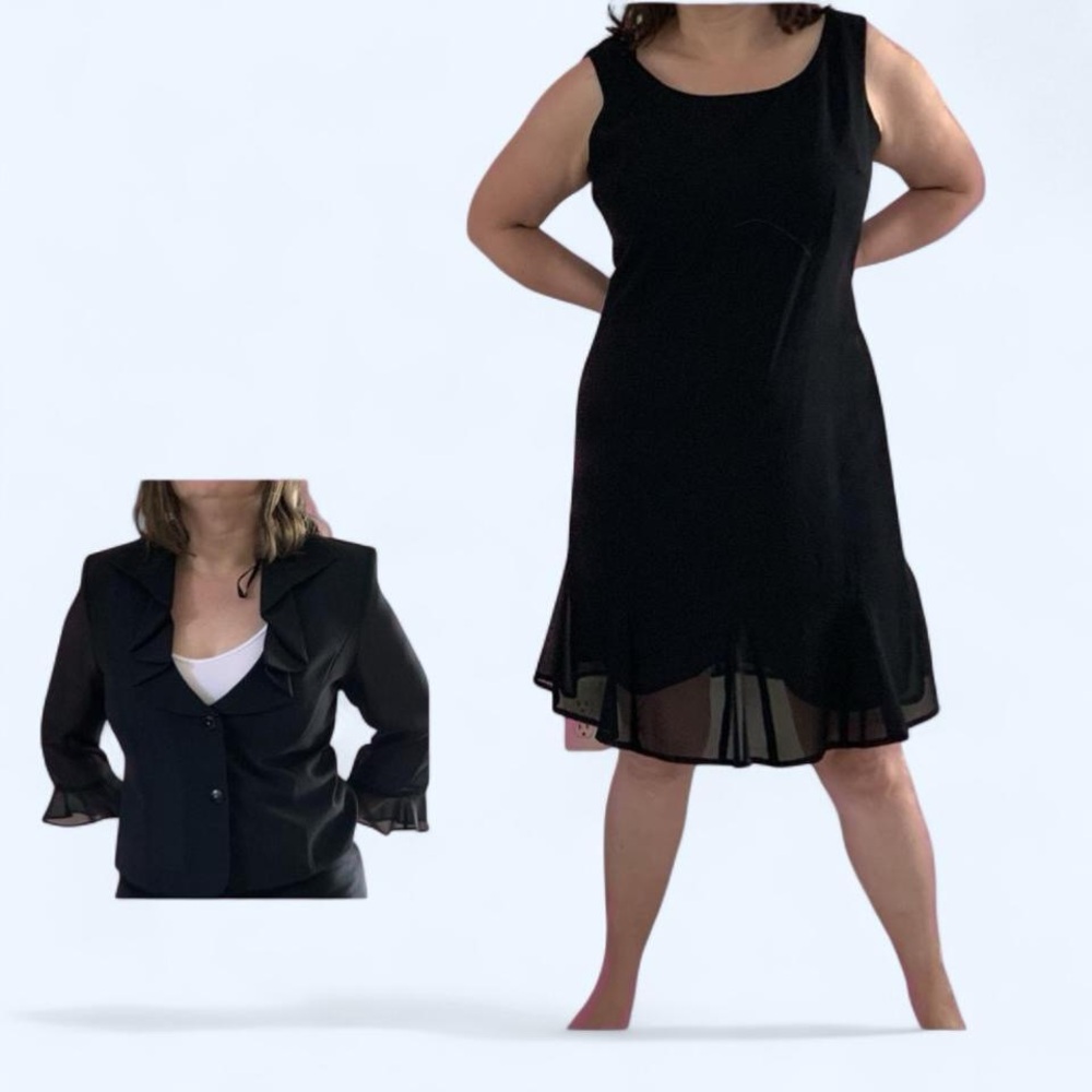 Two piece - Black sheer midi Dress w/ruffle hem and sheer Jacket